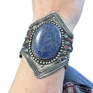 VTG Lapis Lazuli Statement Cuff Bracelet – Tibetan Style Boho Silver Tone